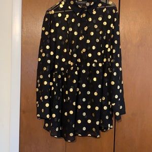 Sheer black blouse with gold Polk dots